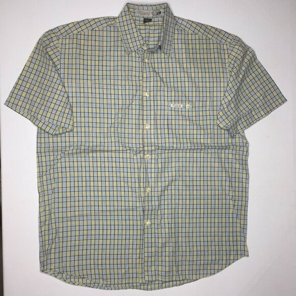 Vintage Guess Jeans Mens Plaid Blue Yellow Short Sleeve Button Shirt Size Large - Picture 2 of 10
